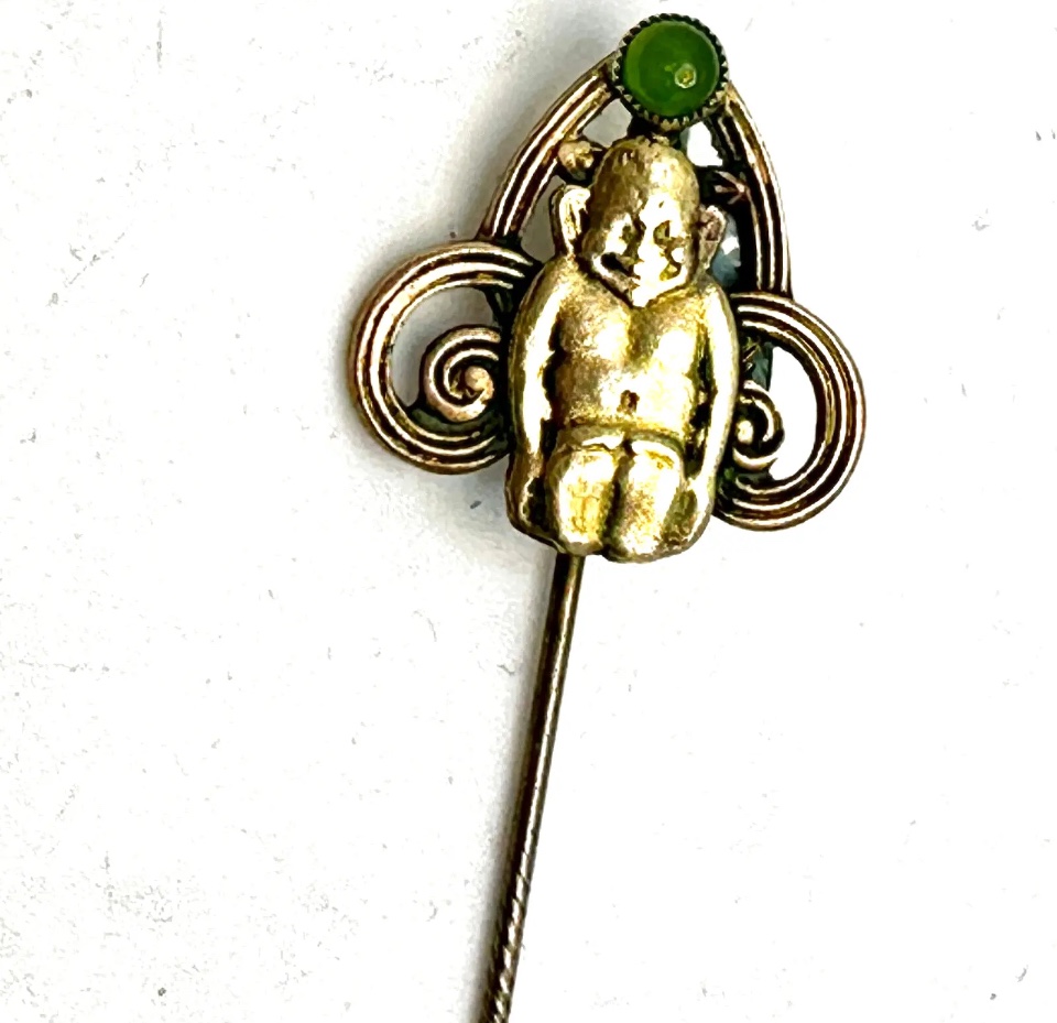 Peking glass cab brass repousse Billiken stick pin