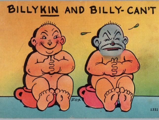 Billy Can & Billy Can't (toilet humor) postcard, postmarked 1954