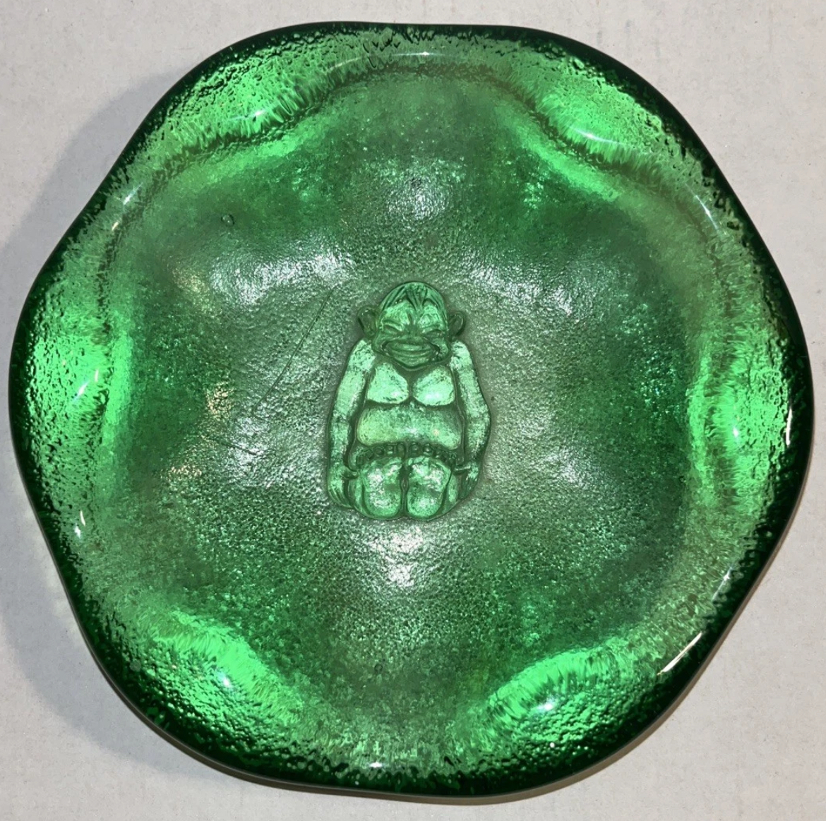 Pressed green “Depression glass” Billiken bowel, ca. 1930s?
